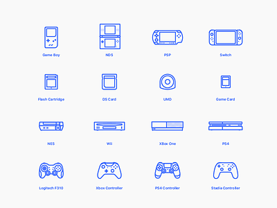 Video Games Icons card controller flat gameboy games icons illustration logitech nintendo ps4 sony stadia switch xbox