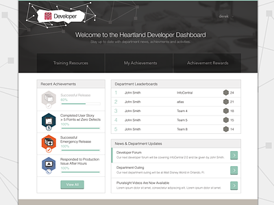 Developer Dashboard achievements application badges developer gamification landing page ui website
