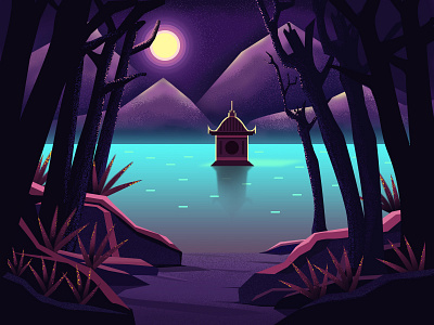 Silent lake china forest illustration jungle lake night road tower trees