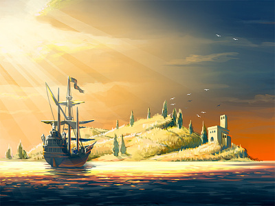 Discoverwheatisland concept gallion game gameart island sea ship sunset