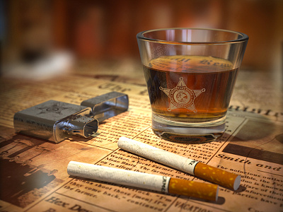 Whisky Glass Rendering 3D 3d cigarette glass modeling newspaper rendering whisky zippo