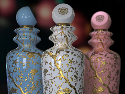 Sake Porcelain Bottles Rendering 3D 3d bottles design gold japan porcelain realistic render sake stamping