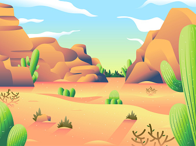 The View Of Desert Scenery cactus desert illustration landscape scenery view