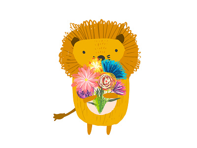 Little cartoon lion with colorful flowers bouquet animal cartoon character cute flowers kids lion logo print procreate spring tatahnka