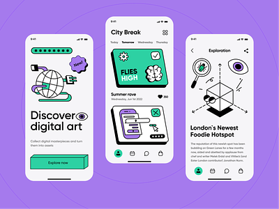 Creative UI Concept | Neobrutalism art exploration community daily updates digital art digital assets digital platform discover art exploring illustration marketing mobile app neobrutalism network social app social media social media app social network social networking