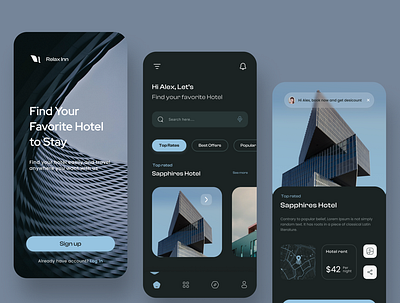 Hotel Booking Mobile App application blue booking booking app clean dark hotel hotel app hotel booking minimal mobile mobile app reservation room room booking tourism travel travel agency ui ui resort