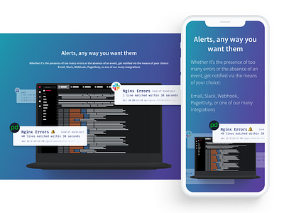 Alerts Desktop + Mobile alerts desktop devops hero illustration integrations ios landing page lines log marketing mockup pager duty product section slack web design website