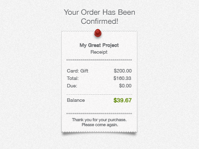 Order Confirmation payment push pin receipt