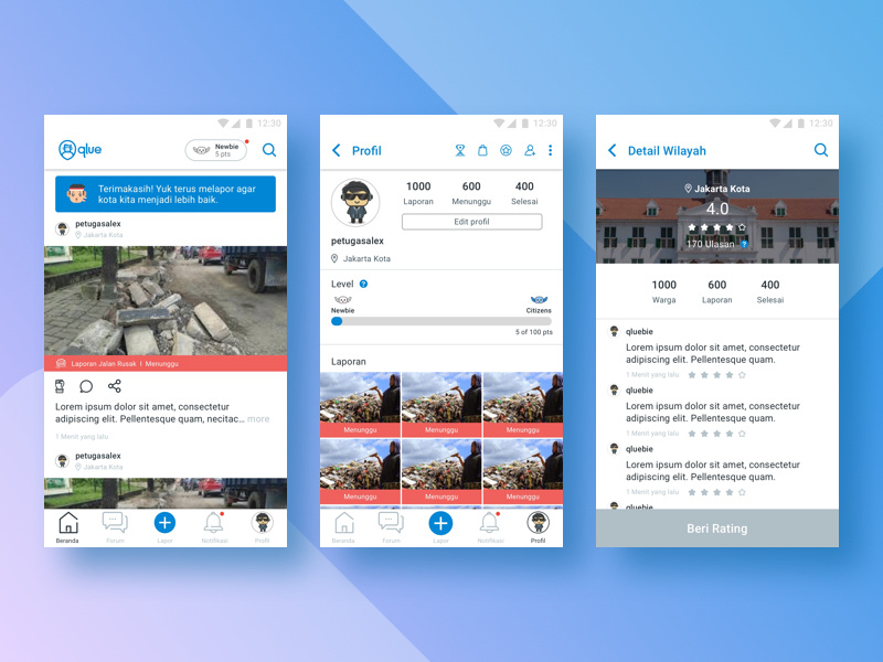 Qlue App account branding flat logo chat post app typography report city vector user interface icon design ux ui illustration