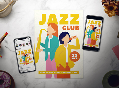 Jazz Club Flyer band concert fest festival flyer girl illustration indie instagram instagram template jazz jazz band jazz flyer jazz poster lady motown music concert poster saxophone
