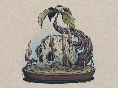 Bonsai (Color version) black and white bonsai creature etching fungi graphic art illustration mushroom procreate skull