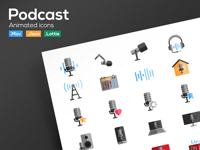 Podcast Animated Icons animation icon icon set illustration lottie lottie animation motion graphic podcast ui