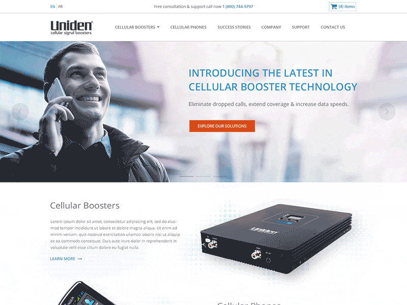 Uniden Cellular Boosters Home Page ecommerce electronics home page landing page web design