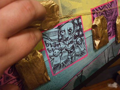 Tuttle- Super Detail acylic ballpoint drawing foam core gold leaf markers painting post it notes spray paint tea bags