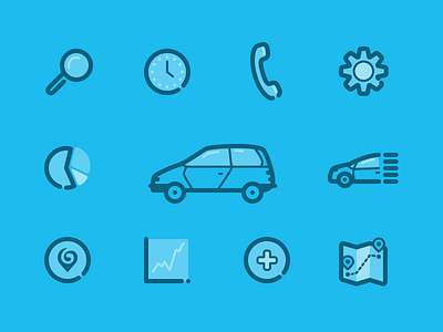 Swoop Icons car carpooling clock history icons line graph map phone pie chart search settings stats