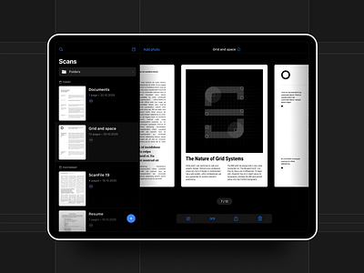 Scanner Ipad app black dark design document files grid icon interface ios minimal scanner tablet ui