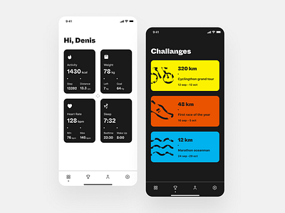 Dashboard app activity app bike color dark design icon light sleep sport typography ui weight