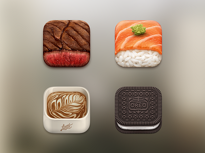 App Icons from March app coffee cookie icon ios latte nigiri oreo photorealistic steak sushi texture