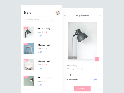An App of e-commerce-shopping cart app desk e commerce furniture lamp layout pink shopping cart store table ui