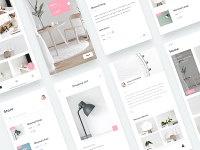 An App of e-commerce app bedroom e commerce furniture lamp layout minimal pink ui ux