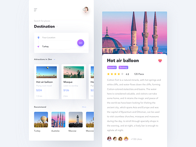 Travel App app blue distance hot air balloon layout map pink price purple search travel turkey ui ux