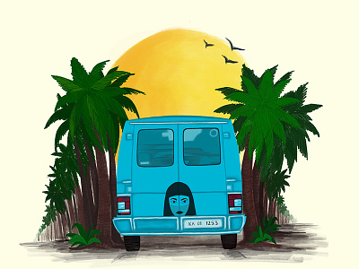 Roadtrips 2d flat illustration kerela one point perspective perspective roadtrips travel vacation van