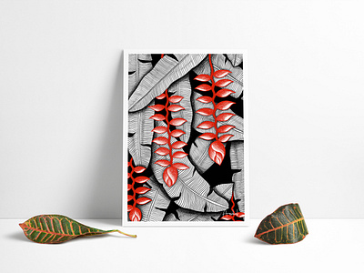 Tropical Red free leaf lobster claw wall art minimal poster print texture tropical wall art