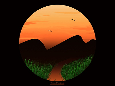 Sunset birds brown dark environment grass land mountain nature orange sky sunset vector