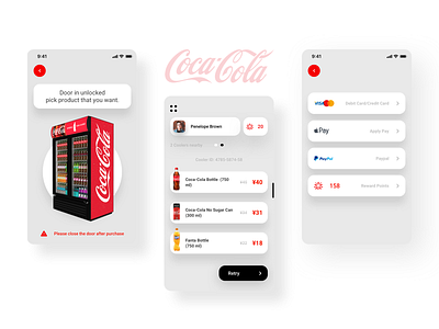 Coca Cola Vending app iOS 2020 design 2020 trend bottle clean coca cola coke creative designer flat ios 14 iosapps kalarmoon latest design trends minimal red retail vending machine