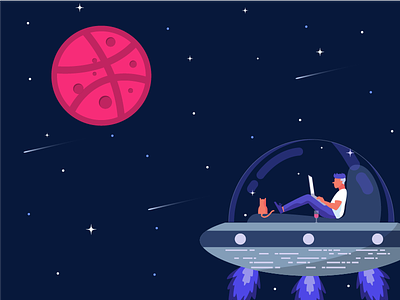 Hello dribbble cat debut dribbble first shot galaxy illustration space