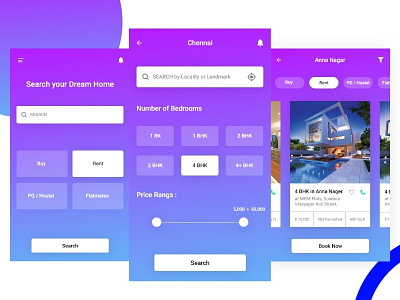 House Rent App app gradient mobile rent result search ui ux