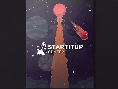 Startitup.center poster design flat illustration poster rocket space