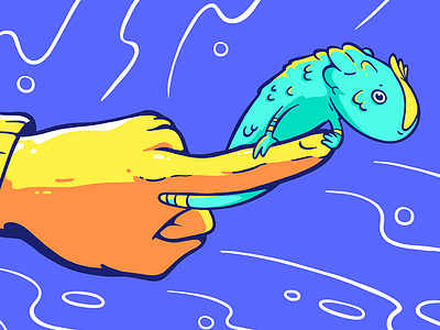 Lil lizard on normal size hand 2d animal blue cartoon drawing hand illustration lizard orange yellow