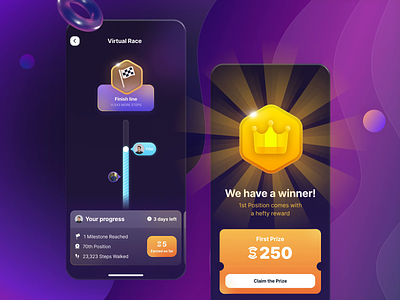 Virtual Race Game Experience | Sweatcoin For Work animation app clean colorful crown dark design game gamify illustration playful prize progression race rewards ui walkpath