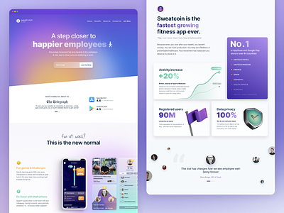 Sweatcoin for Work - Lading page app b2b clean colorful crypto design gradients illustration landing landing page move2earn product rewards teams ui ux walking web design website white