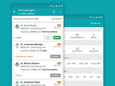 Healthcare App search result with filters care doctor filter health list medical search ui ux