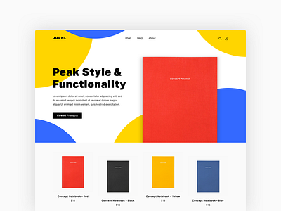 #003 Landing – Daily UI Challenge circles colorful concept dailyui ecommerce design hero landing page memphis style notebook primary colors storefront ui uiux web design