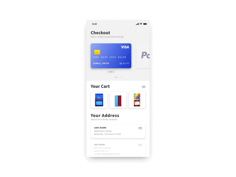 Mobile Checkout Flow – Interaction Concept card details checkout clean concept credit card credit card scan dailyui ecommerce app gradient interaction design invision studio ios ixd motion design motion ui payment ui ux