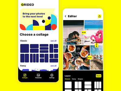 Grideo Grid Maker & Pic Editor app app design application collage collagemaker collagetemplate editor figma grid ilustration iphonexs photo picture share share button sketch tabbar template tool userinterface