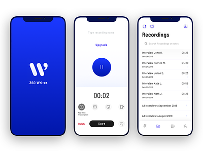 360 Writer - Audio Recorder app button buttons design figma icons ios iphonexs record recorder recording search sketch sketchapp tabbar tool trim ui upgrade writers