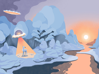 illustration for wix digital drawing fawn forrest illustration nature snow sunrise ufo winter