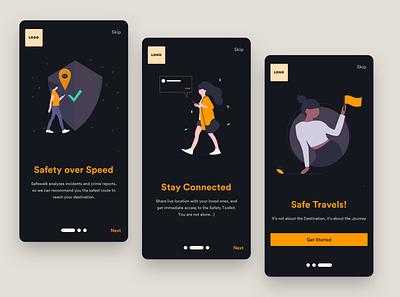 Onboarding for a Safety Navigation App app copywriting dark theme mobile mobile app navigation onboarding safety app typography uidesign ux