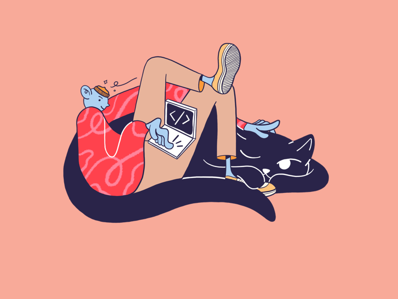 Work with comfort cat boy flat design procreate illustration character