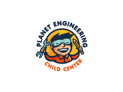 Planet engineering boy branding character child cute development glasses logo logotype mascot pencil smile tec