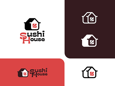 Sushi house asian brand branding cafe cooking delivery fish food house japan logo logotype minimalism nori red restaurant rice roll salmon sushi