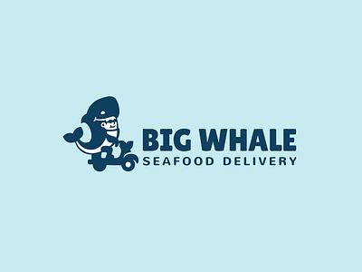 Big whale blue brand branding courier delivery fancy food kigurumi logo logotype moped navy retro seafood suit sushi wear whale