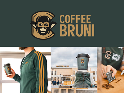 Coffee Bruni animal cartoon character coffee design green illustration letter logo logotype mascot monkey vector