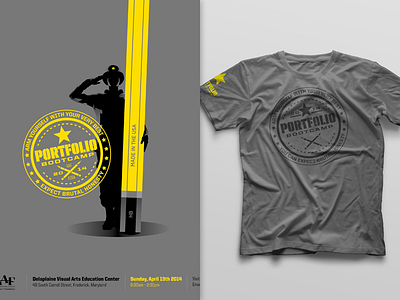 AIGA/AAF Portfolio Bootcamp 2014 badge gray illustration logo pencil salute seal soldier stamp star t shirt yellow