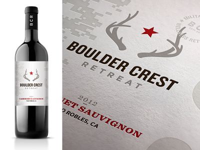 Boulder Crest Retreat Wine antlers bottle camouflage emboss label military packaging seal stamp star veteran wine