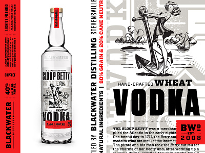 Blackwater Distilling Sloop Betty Vodka bottle branding distillery distilling illustration label liquor packaging pinup typography vodka